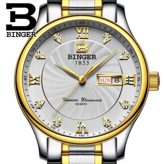 BINGER® Montre Homme marque de Luxe Sport Chronographe étanche Double Calendrier dateur Superbe étanche Acier Bracelet
