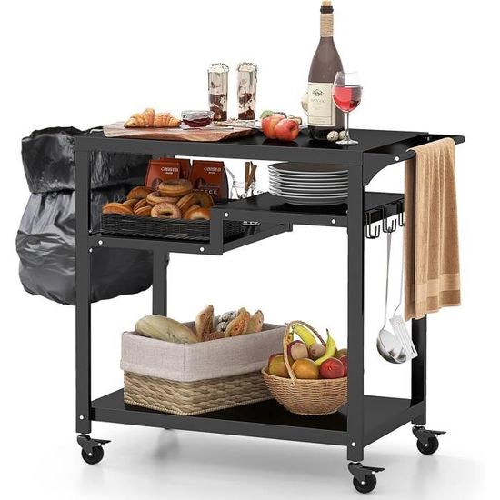 Chariot Glacière Bar Roulante GOPLUS - Capacité 50L - 2 Plateaux Pliables, étagère - Roues Avec Freins - Idéal Jardin, Barbecue, Pique-nique - 127x42.5x74 Cm - 6