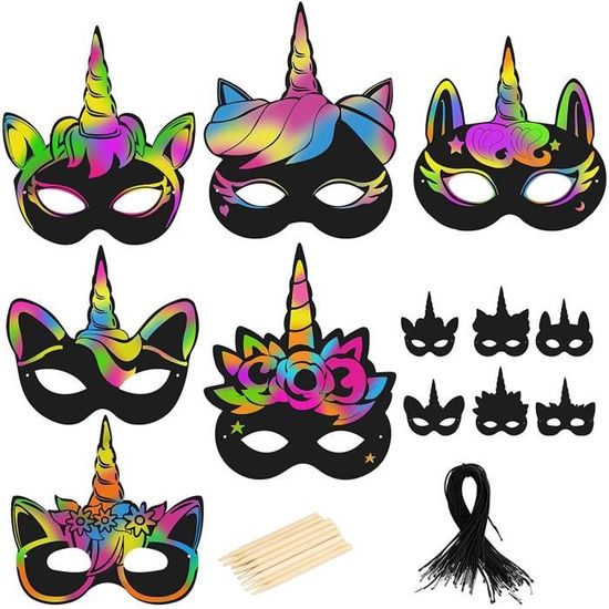 24 Masques à Gratter Arc-en-Ciel Halloween Enfants - Kit Créatif Avec Stylos Et Élastiques