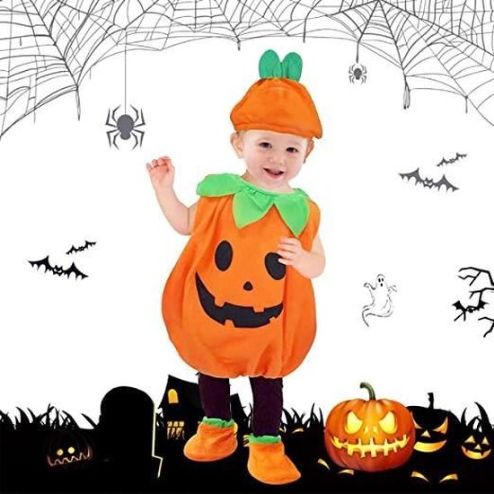 Hifunbay Enfants bébé garçon Fille première Halloween Citrouille Capuche Tenues à Manches Longues Barboteuse  3PCS avec Chapeau Mignon pour la fête 