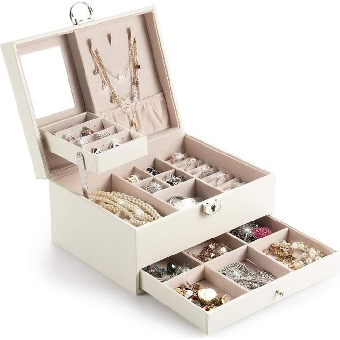 Boîte à Bijoux Coffret à Bijoux Verrouillable Beauty Case/boîte à Maquillage/Miroir Repliable/2 Niveaux