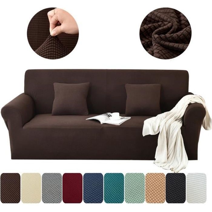 1-Pièce Jacquard Housse de Canapé Extensible, Peluche Revêtement de Canapé (de 190 à 230 cm) - 3 Place, Brun