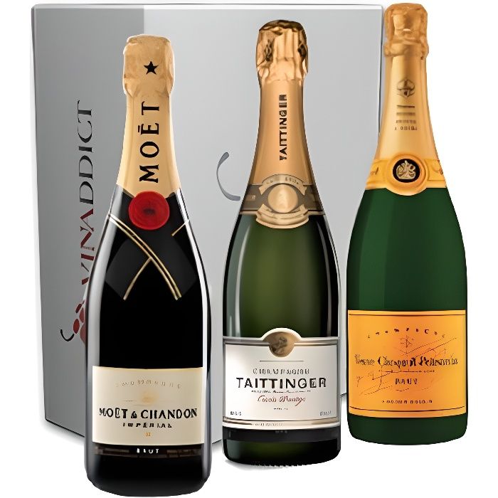 Vinaddict - Coffret Champagne Prestige - 3 Bouteilles 75Cl Sous Étuis - Veuve Clicquot, Taittinger Prestige, Moët Imperial.