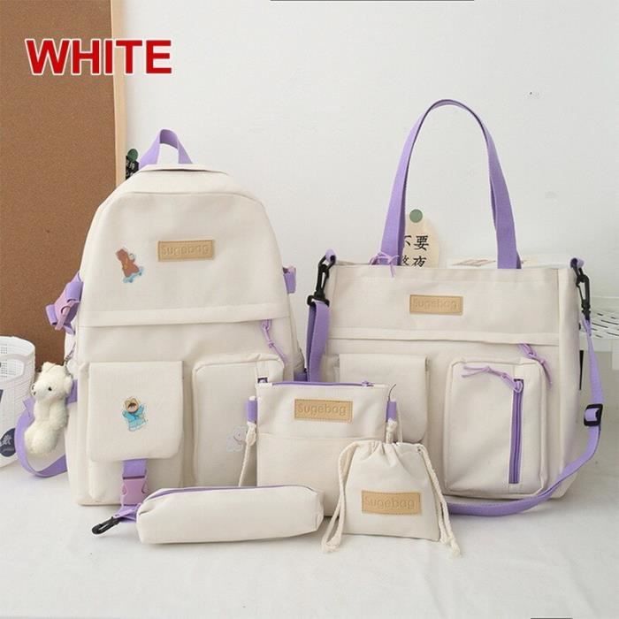 Sac à dos de lycée en toile pour adolescentes, 5 pièces, 2021 Type B 5pcs white -XT084