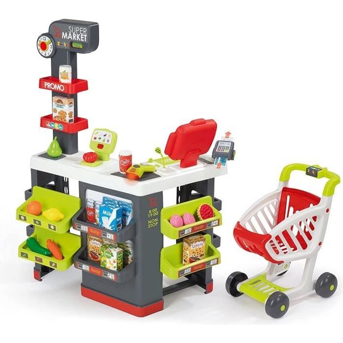 Smoby - Supermarket - Marchande pour Enfant - Chariot de Course Inclus - Vraie Calculatrice - 42 Accessoires - 350213 A25