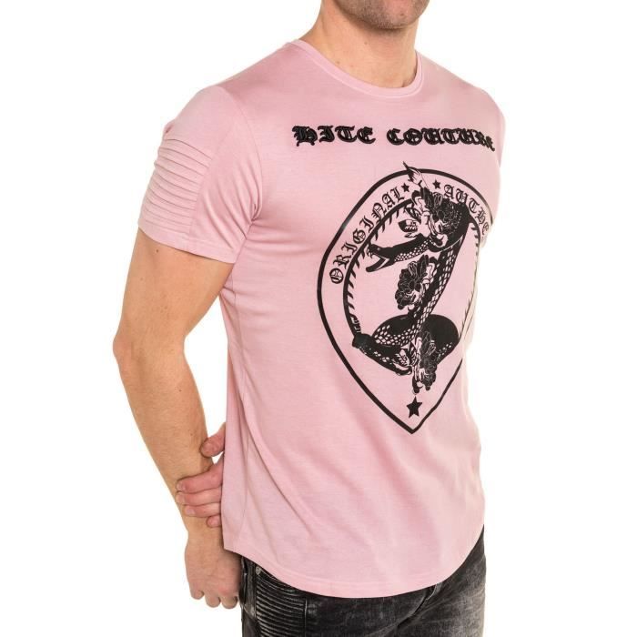 Tee-shirt rose brodé et imprimé à nervures