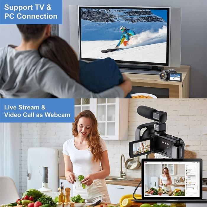 Caméra vidéo Caméscope 4K WiFi 48MP Caméra vlog de Vision Nocturne IR avec Microphone Zoom numérique 16X 3,0 Pouces Caméscope à écra