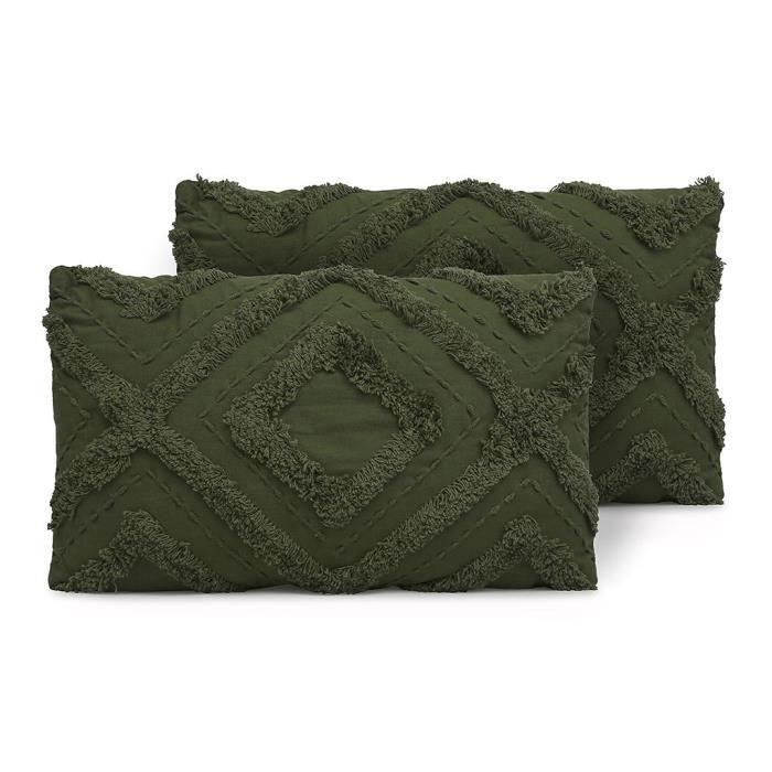 Lot de 2 coussins 100 % coton tufté FIDJA - 30 x 50 cm - Kaki