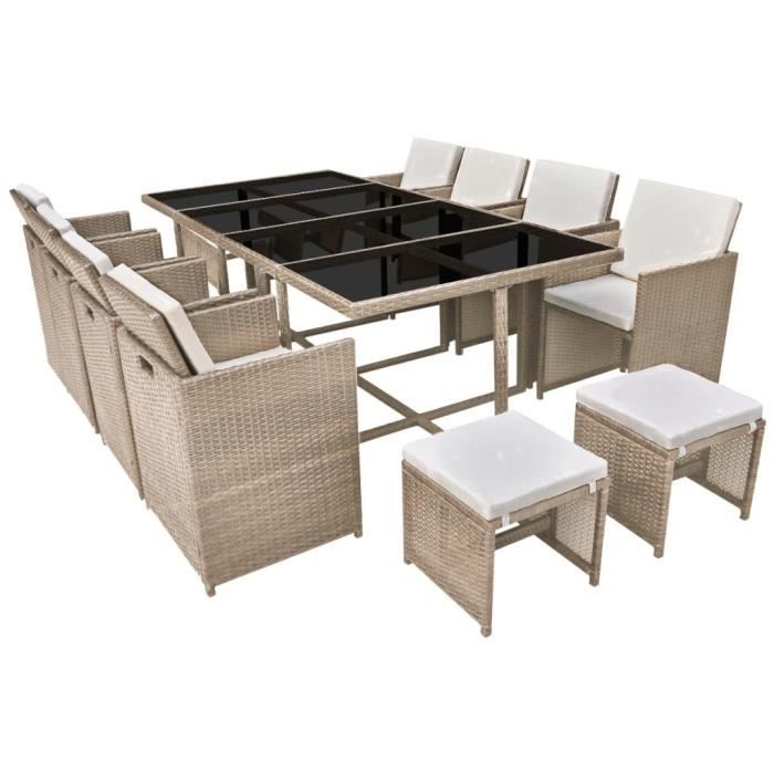 vidaXL Salon de jardin encastrable avec coussins 13 pcs Rotin Beige