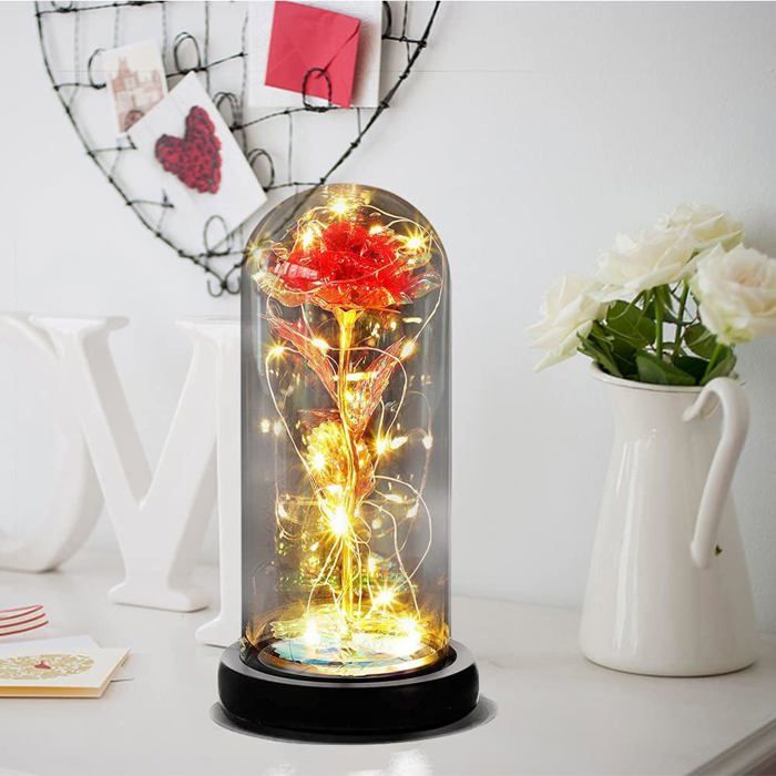 Rose Éternelle Sous Cloche LED - La Belle Et La Bête - Cadeau Saint Valentin Et Fête Des Mères