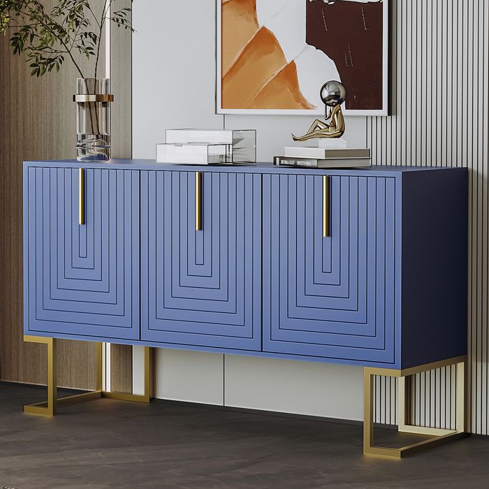 Buffet moderne avec étagères réglables - 3 portes à motif de U - poignées et base en métal - Bleu