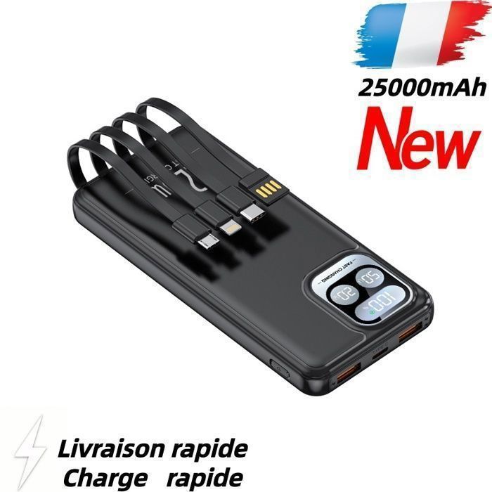 Weuiortn®25000mAh Batterie Externe Portable LCD Power Bank avec 4 lignes données convient tous les téléphones mobiles(Noir)