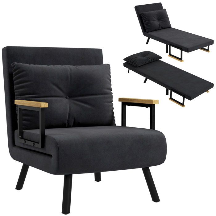 Fauteuil convertible HOMCOM 4 en 1 chauffeuse lit 1 place dossier réglable accoudoirs en bois et coussin tissu effet velours noir