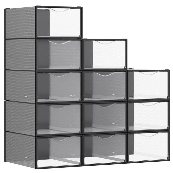 Boîtes à Chaussures avec Porte Lot de 12 Empilables 332 x 23 x 145 cm pour Pointure jusquà 43 Transparentes et Noir dEncre