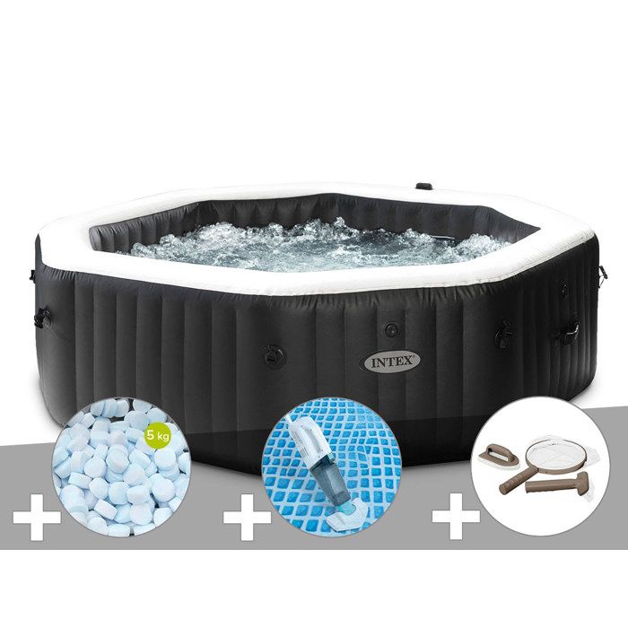 Intex Kit spa gonflable PureSpa Carbone octogonal Bulles et Jets 6 places + 5 kg de sel + Aspirateur + Kit dentretien