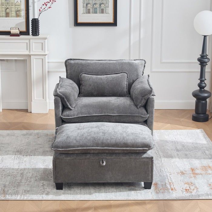 Fauteuil moderne avec repose-pieds tabouret et rangements - Velours confortable pour salon et chambre Gris Fauteuil moderne avec repose-pieds tabouret et rangements - Velours confortable pour salon et chambre Gris