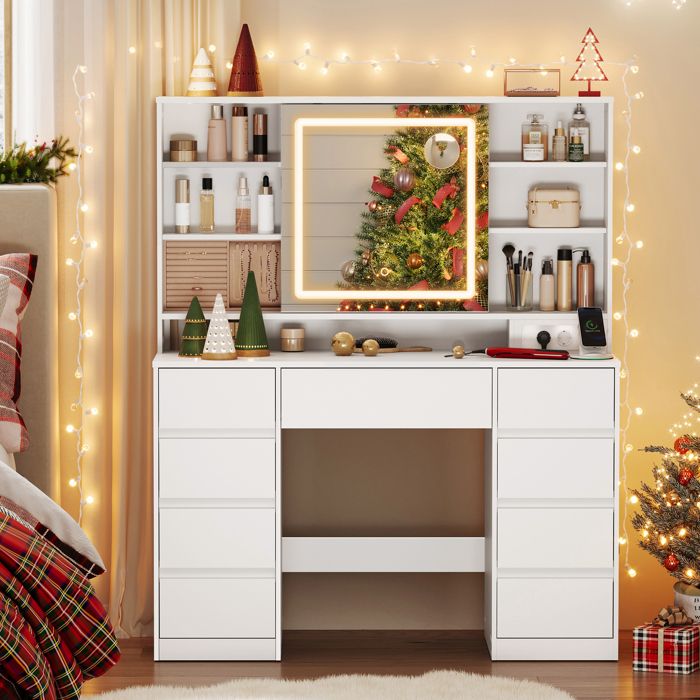 VASAGLE Coiffeuse avec Miroir LED, Multiprise, 9 Tiroirs, Loupe 10x, Éclairage 3 Couleurs, Installation des Rails sans Outils,