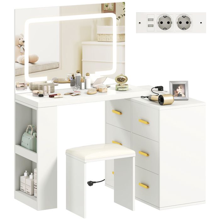Coiffeuse avec miroir et tabouret - HOMCOM - éclairage LED réglable 2 USB ports et 2 prises 6 tiroirs - MDF - 118x78x135cm - blanc