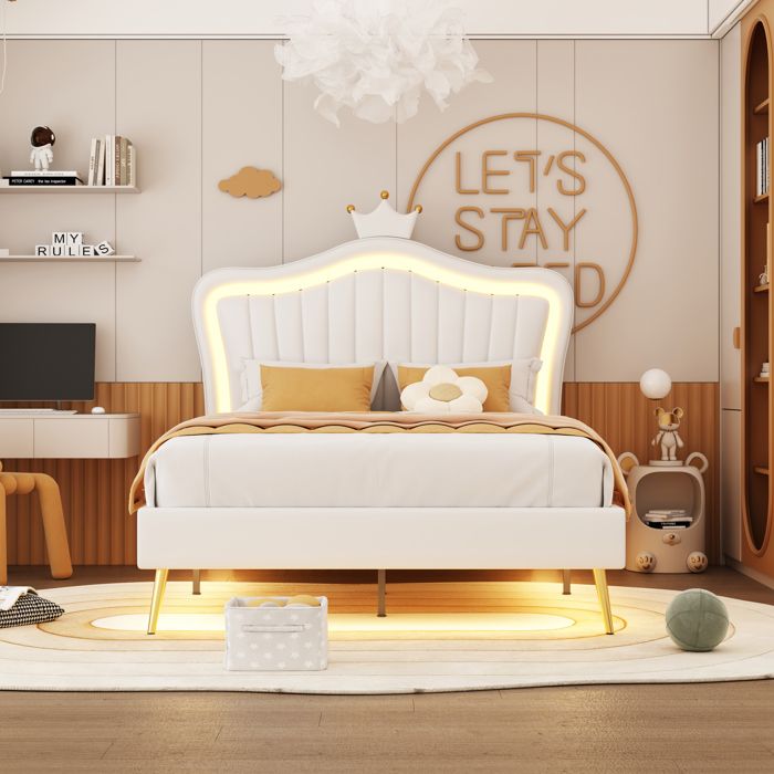 Lit denfant 90 x 200 cm cadre de lit pour fille double couronne blanche en cuir PU avec lampes LED sommier à lattes et dossier (