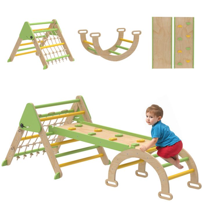 Triangle descalade enfants - 8 en 1 - avec rampe double face arc descalade en bois peuplier avec toboggan & échelle - vert