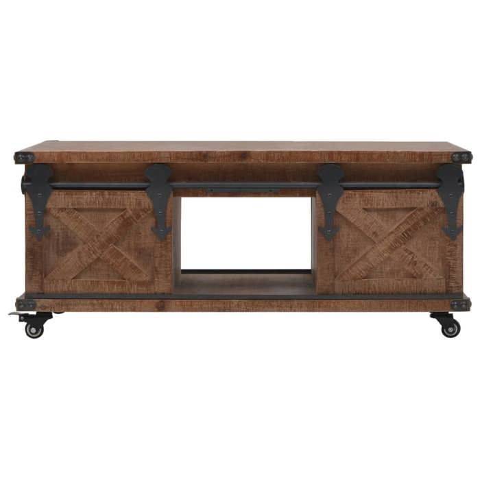 Table basse en bois de sapin - KALISSE - 91x51x38 cm - Brun - Bois massif - 3 compartiments - 4 roulettes