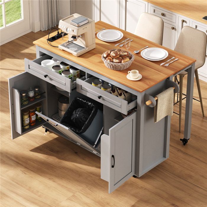 Ilot Central Cuisine 4 Personnes Extensible avec Multiprise USB Poubelle Intégrée Ilot Cuisine avec Étagères Ajustables Gris