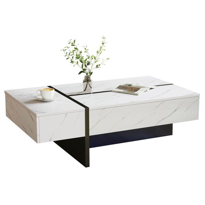 Table basse moderne blanche lumières LED plateau laqué 105x60x35 cm design original salon buffet multi-usage Table basse moderne blanche lumières LED plateau laqué 105x60x35 cm design original salon buffet multi-usage