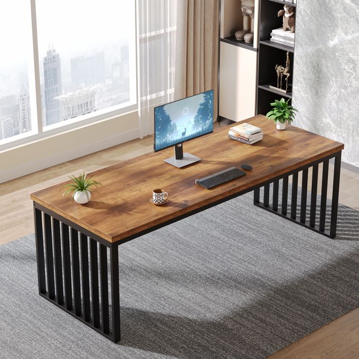Bureau dordinateurLittle Tree180 cm PC Table de B-ureau avec Cadre Métallique Pour BureauSalle à MangerSalonMarron