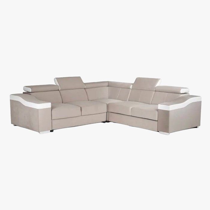 LUCKY MINI - Canapé d’angle convertible réversible en velours beige et simili cuir blanc