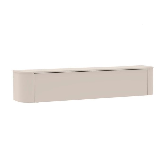 Meuble TV porte abattante suspendu ou à poser au sol finition laqué Cachemire design coins arrondis - LYNA Meuble TV porte abattante suspendu ou à poser au sol finition laqué Cachemire design coins arrondis - LYNA