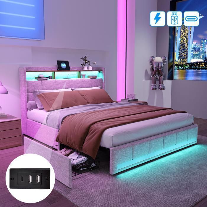 Lit adulte 180x200 avec 4 tiroirs Lit double capitonné 180x200 avec sommier LED et USB Tête de lit avec rangement Lin Beige