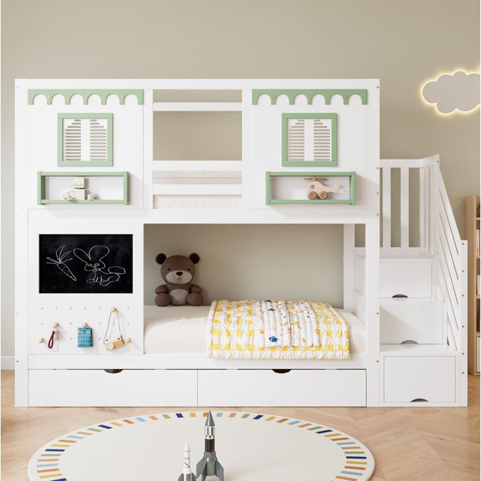 Lit superposé 90 x 200 cm enfant blanc et vert avec rangements tableau et panneau perforé