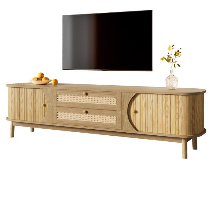 Meuble TV naturel en rotin avec portes tiroirs et pieds en bois