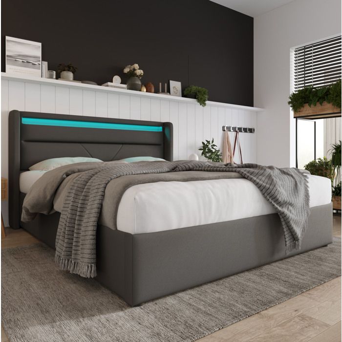 Lit coffre 140 × 200 cm en PU gris avec LED télécommande et rangement