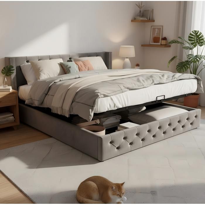 Lit coffre capitonné style Chesterfield en velours gris 180 x 200 cm
