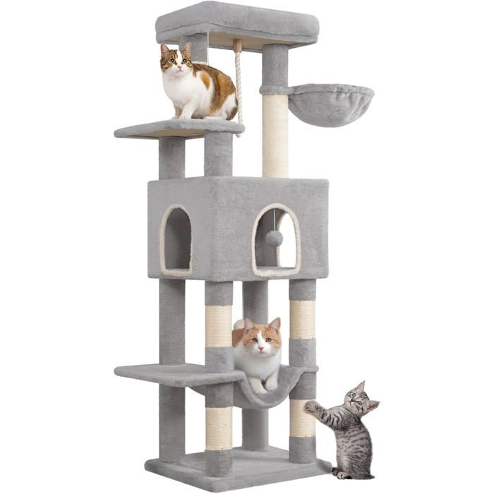 Arbre à Chat Hauteur 149 cm Griffoir avec Grandes Plateformes 5 Poteaux à Griffer3 Pompons1 HamacMulti-Niveaux Gris Clair