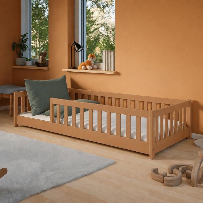 Lit au sol enfant 90x190cm - Matelas INCLUS - Avec sommier + barrière de lit - Lit Montessori enfant - Pin massif - Cannelle