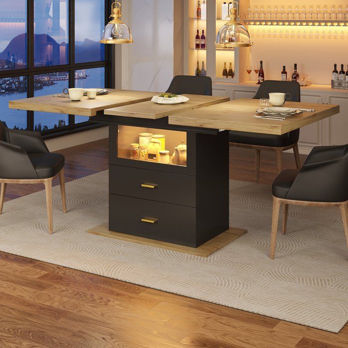 Table à Manger Extensible LED 110-140 cm avec Rangement 2 Tiroirs et Porte Vitrée - Cuisine Salle à Manger - Noir et Effet Bois