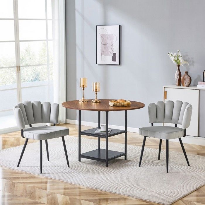 Ensemble table ronde 107x107x75cm noyer + 2 chaises tissu gris fleur rangement double niveau appartement