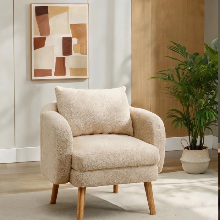 Fauteuil beige en tissu Teddy velours pour salon style contemporain coussins moelleux 1 place