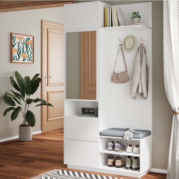 HOMVRA Meuble dentrée avec miroir banc rembourré crochets et range-chaussures MDF blanc