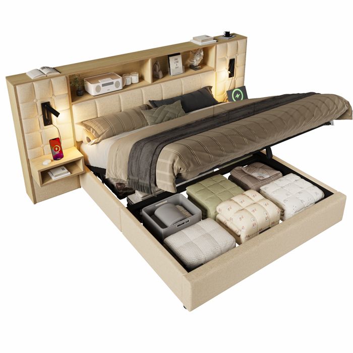 Lit coffre 160 x 200 cm beige avec sommier à lattes 2 liseuses 2 tables de chevet USB et USB-C