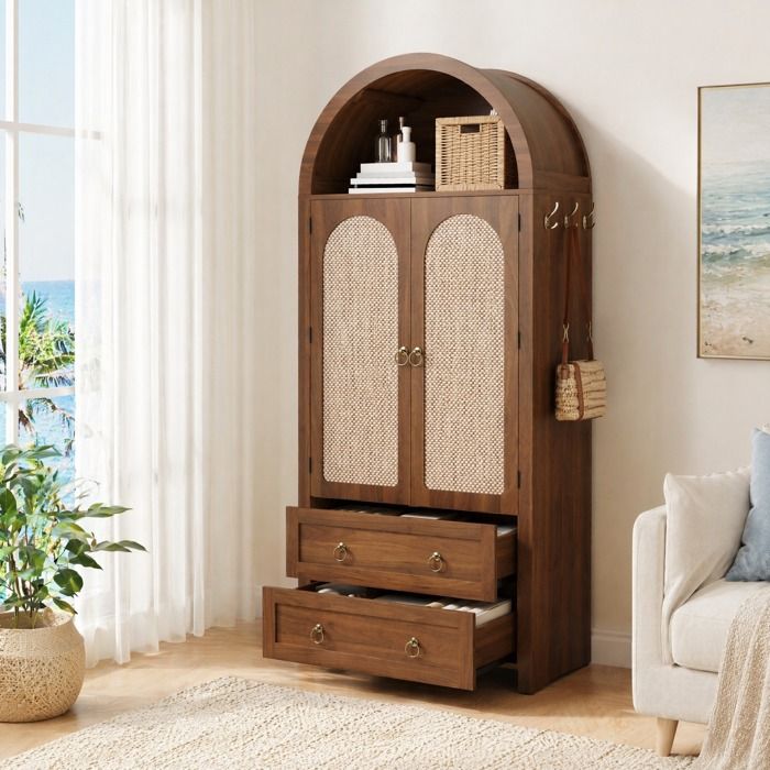 Buffet haut vintage en MDF noyer avec cannage 2 portes 2 tiroirs étagère réglable 80 x 40 x 180 cm