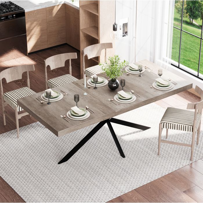 Table à manger extensible rectangulaire 140-180 cm gris aspect bois avec rangement caché et piètement métal noir