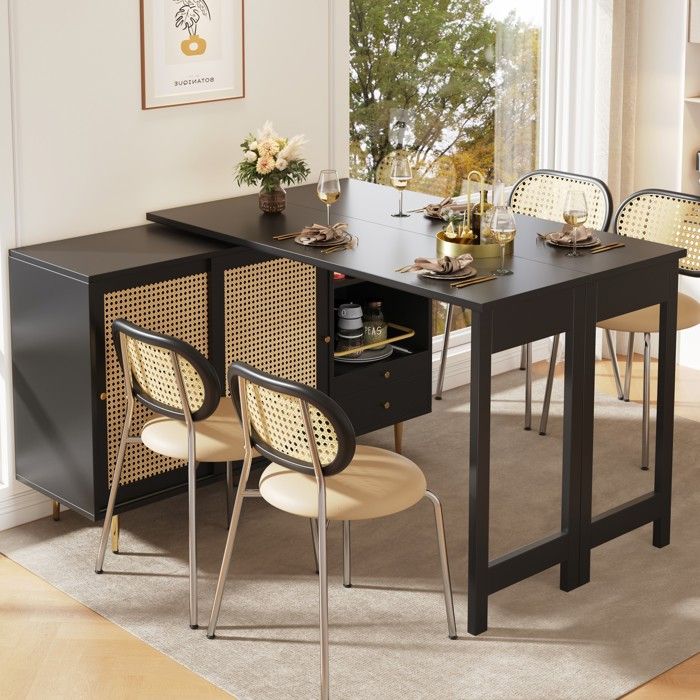 Buffet bas rotatif 360° extensible noir en MDF avec portes cannage tiroirs et rangements ouverts