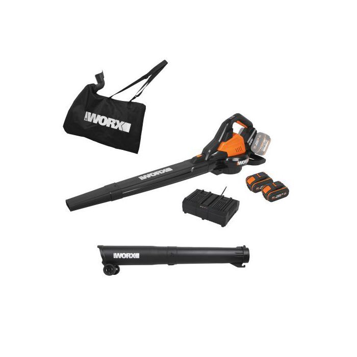 WORX Aspirateur Souffleur sans Fil Brushless 40V WG583E.9 2 en 1 Vitesse de 335kmh 2 Modes de Vitesses pour Plus d'efficacité avec Harnais et Sac 2 Batteries 4Ah et Chargeur Double