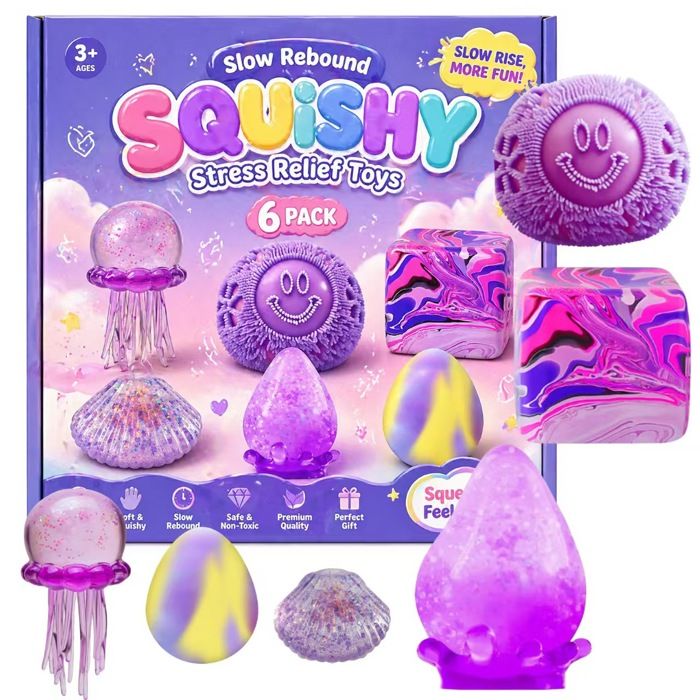 6 PCS Squishy Box Squishy Mystery Fun Box Set Anti-Stress réalistes à Presser à remontée Lente Série « Méduses violettes »