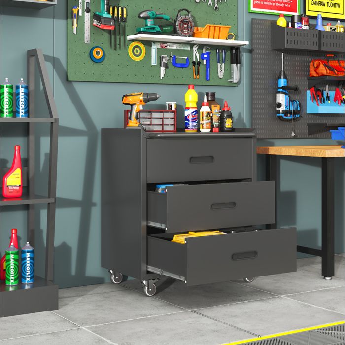 Servante Atelier Métal Noir 3 Tiroirs Meuble Roulant FloraGrace Pour Garage Ou Bureau Roulettes Blocables 75x42x88cm