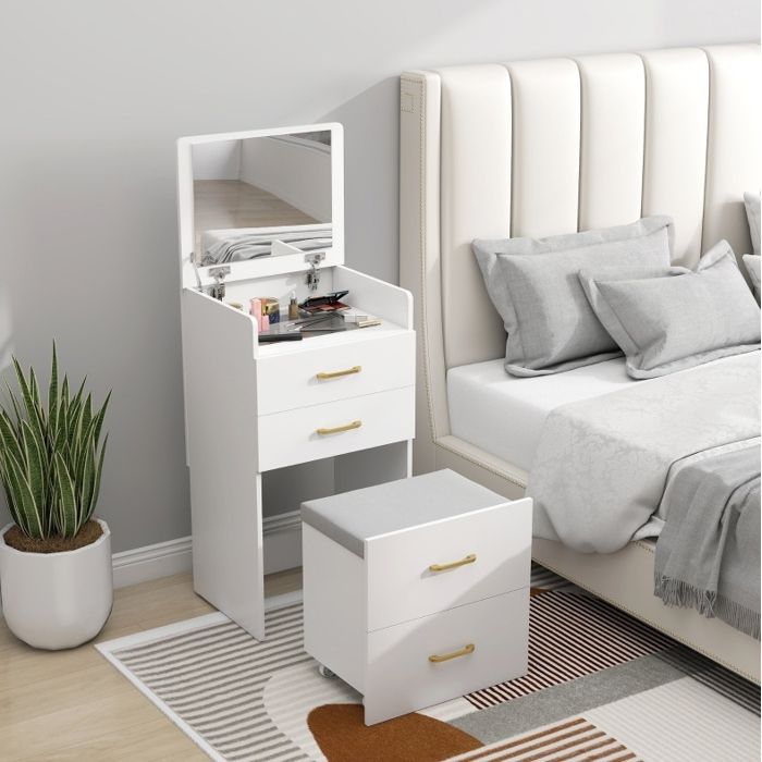 Coiffeuse 3-en-1 avec Miroir 2 Tiroirs et Tabouret à Roulettes - MEUNIQ - pour Chambre Blanc 48×40×90 cm