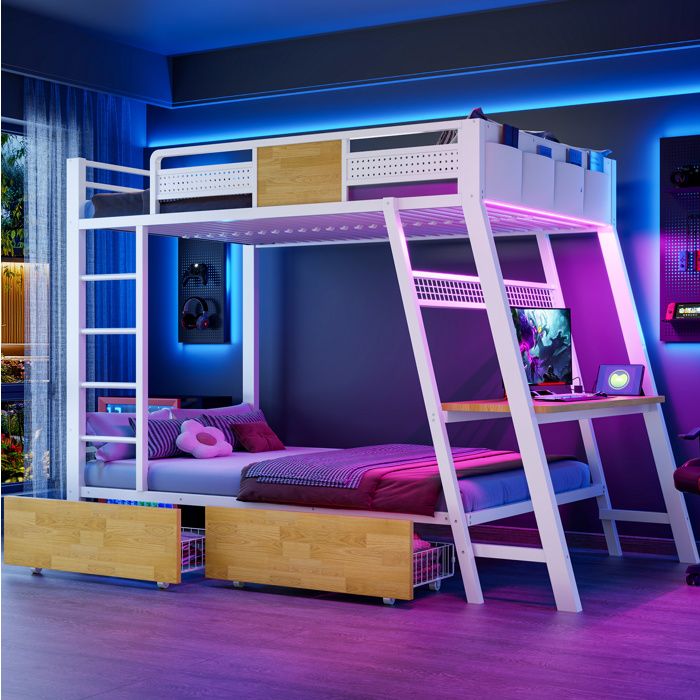 VUENOR Lit superposé 90x200 cm blanc avec bureau gaming LED et rangements sans matelas